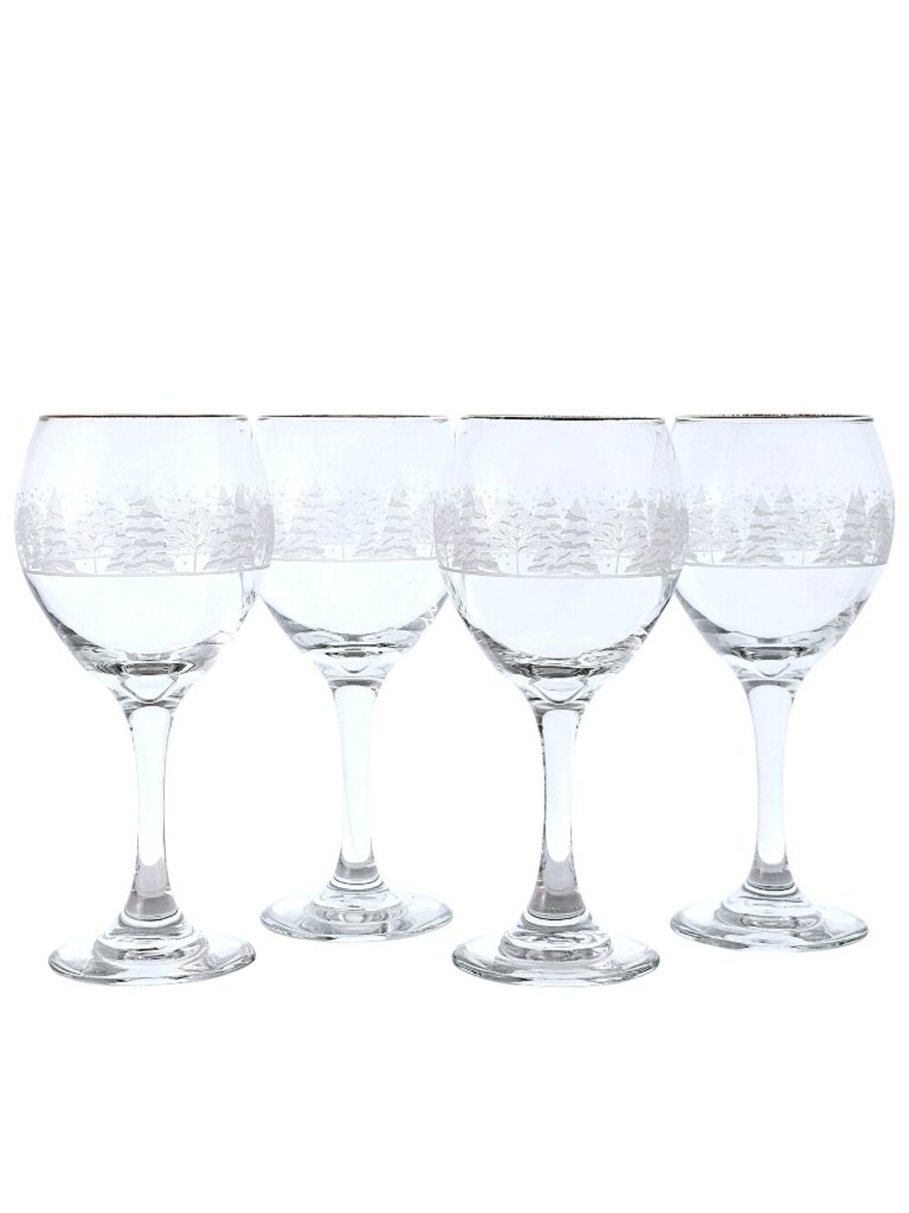 4 Lynns China Pines Glasses 10oz Winter Scene white trees gold rim, rounded